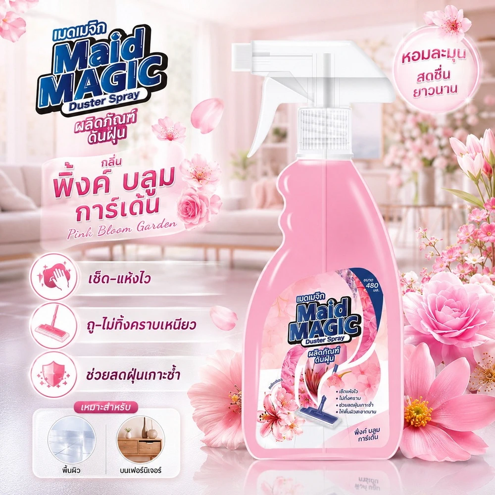 น้ำยาดันฝุ่นหัวสเปรย์ พิ้งค์ บลูม การ์เด้น 480ml MATE MAGIC (1 โหล/ลัง)