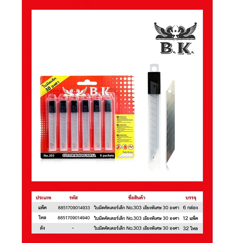 ใบมีดคัตเตอร์ใบเล็ก 30 องศา แพ็ค 6 ชิ้น