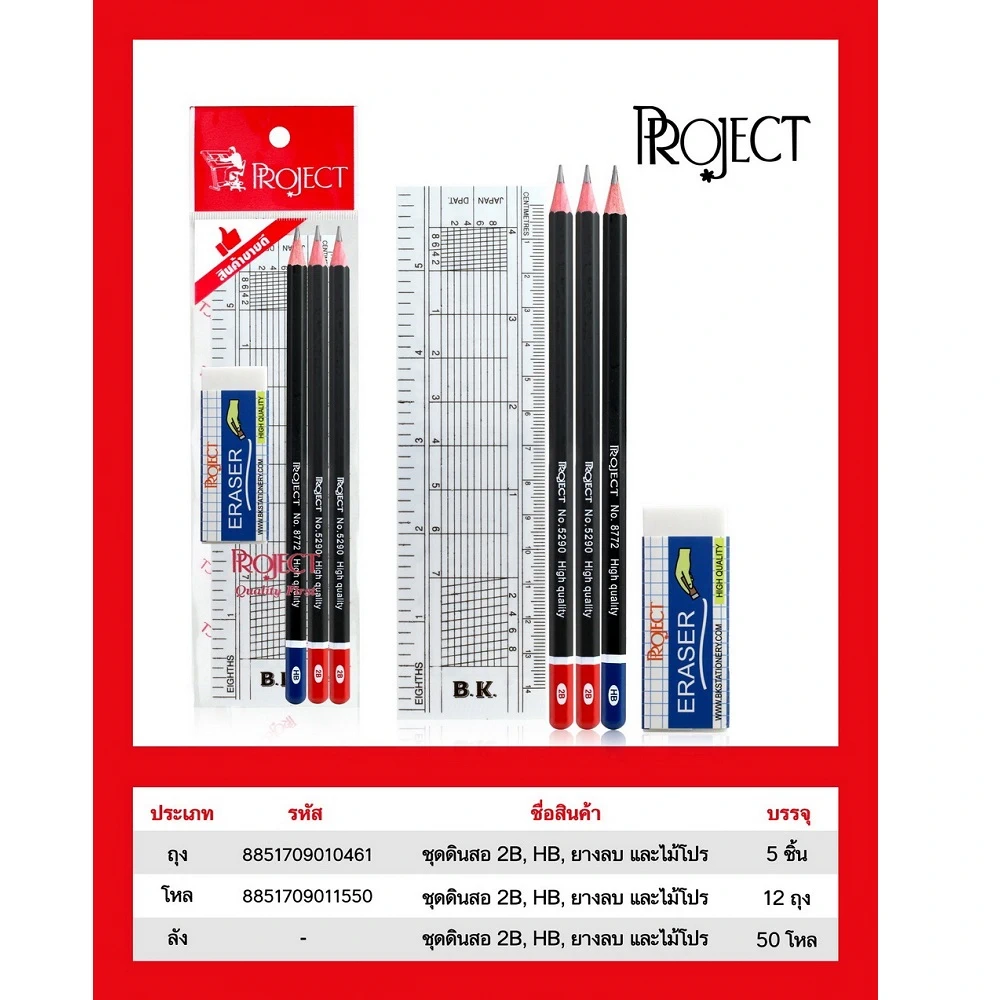 ชุดดินสอ 2B+กบเหลา+ยางลบ+ไม้โปร  (5 โหลๆ ละ 168)